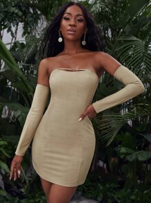 SHEIN Peekaboo Front Tube Dress With Sleeve - Khaki - View 1