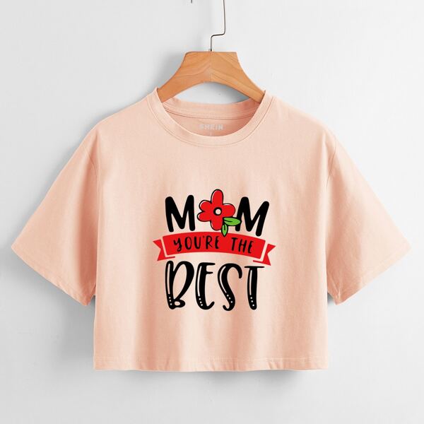 

Slogan & Floral Print Crop Tee, Baby pink