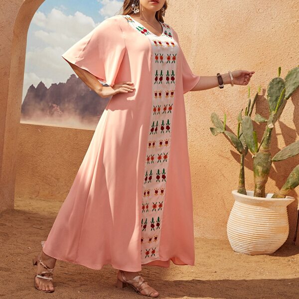 

Plus Floral Embroidery Tunic Dress, Pink