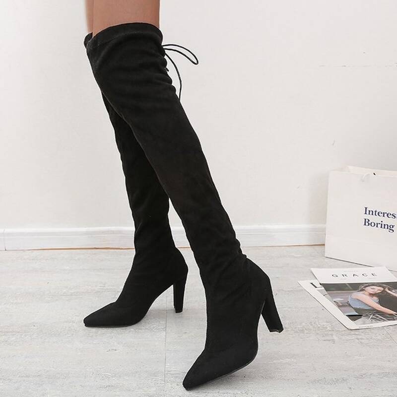 

Tie Back Over Knee Block Heeled Boots, Black