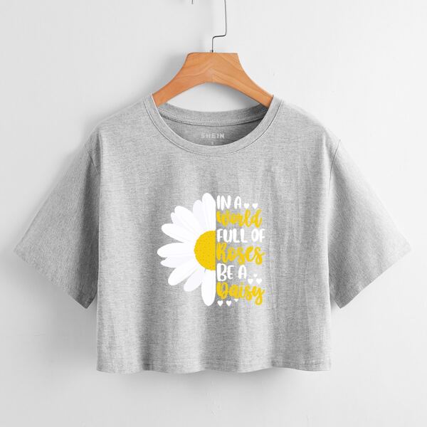 

Slogan & Floral Print Crop Tee, Grey
