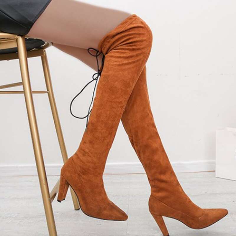 

Tie Back Over Knee Block Heeled Boots, Brown