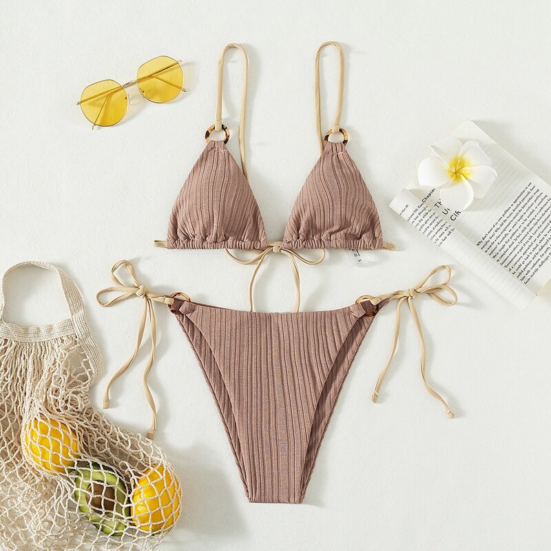 

Ring Linked Triangle Tie Side Bikini Swimsuit, Dusty pink