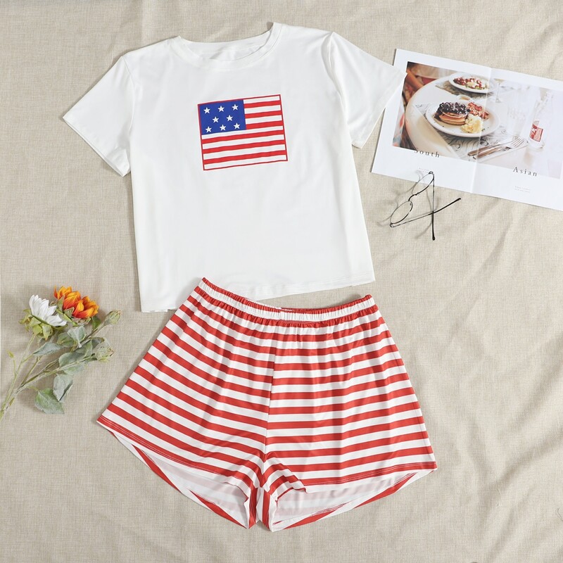 

Plus American Flag Print PJ Set, Red and white