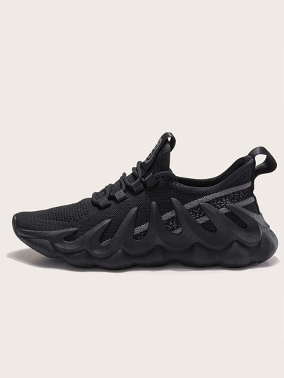 Men Black Lace Up Decor Knit Sneakers, Fashionable Sporty Running Shoes For Daily