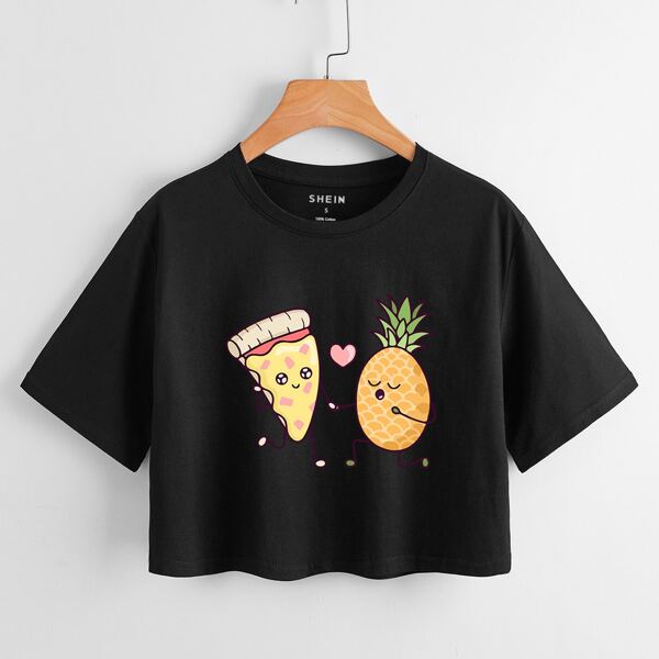 

Cartoon Graphic Round Neck Crop Tee, Black