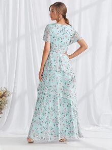 滿版印花多層下擺繫腰帶連衣裙 - 薄荷藍 - 查看 2