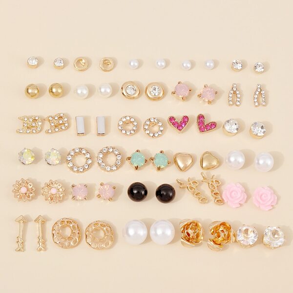 

30pairs Rhinestone & Faux Pearl Decor Earrings, Multicolor