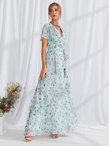 滿版印花多層下擺繫腰帶連衣裙 - 薄荷藍 - 查看 3