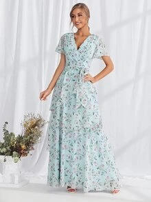 滿版印花多層下擺繫腰帶連衣裙 - 薄荷藍 - 查看 4