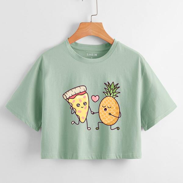 

Cartoon Pizza And Pineapple Graphic Short Sleeve Crop Tee, Green