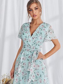 滿版印花多層下擺繫腰帶連衣裙 - 薄荷藍 - 查看 5