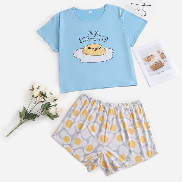 

Plus Sun Egg And Slogan Graphic Pajama Set, Multicolor