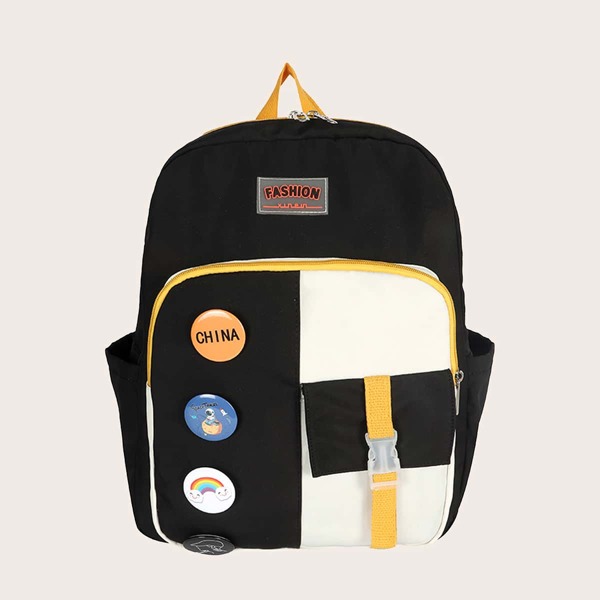 

Badge & Buckle Decor Classic Backpack, Black and white