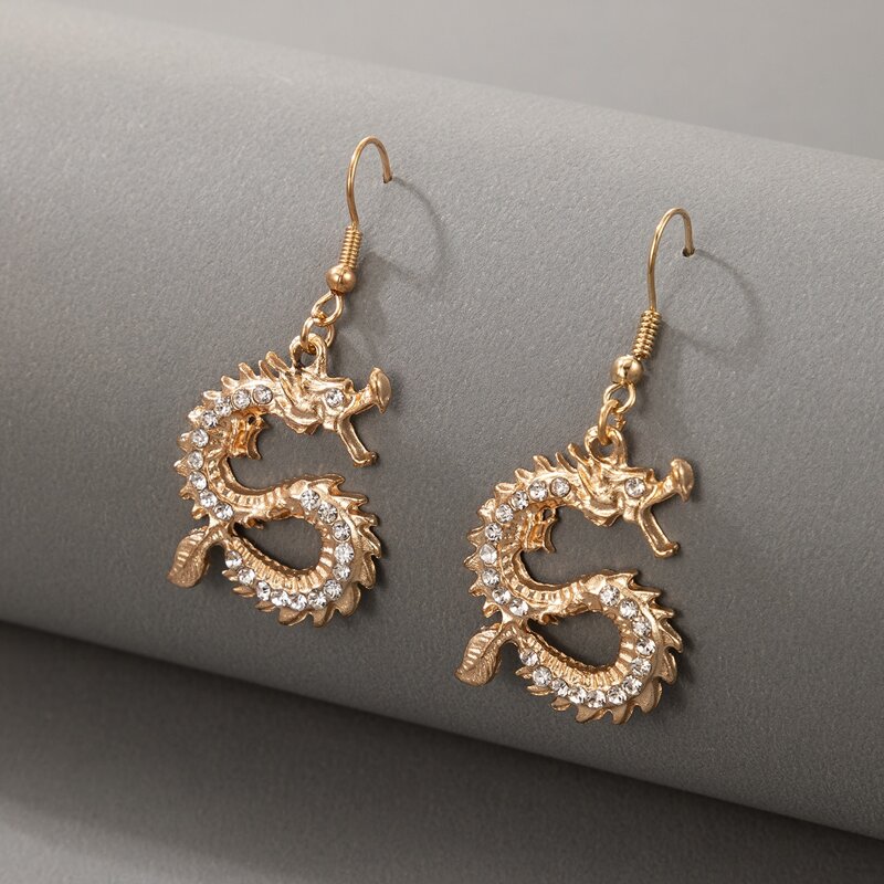 

Rhinestone Dragon Drop Earrings, Gold