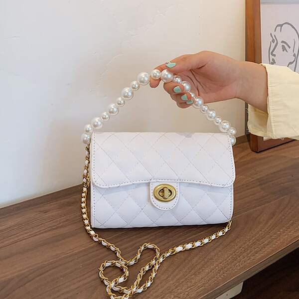 

Faux Pearl Decor Flap Quilted Shoulder Bag, White