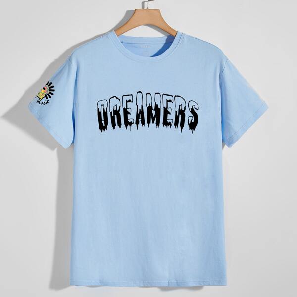 

Men Letter Graphic Round Neck Tee, Baby blue