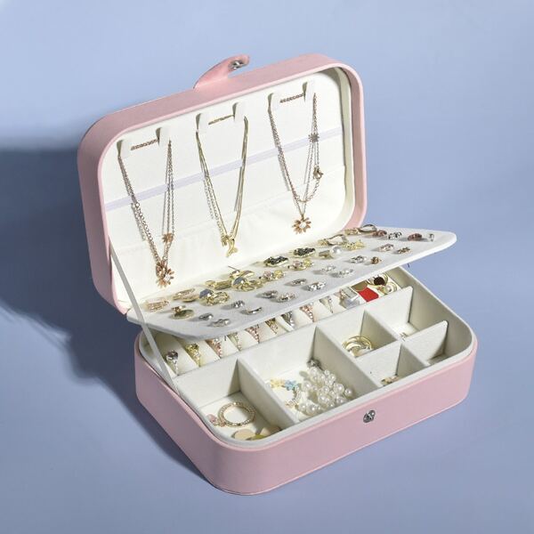 

1pc Double Layer Jewelry Storage Box, Pink