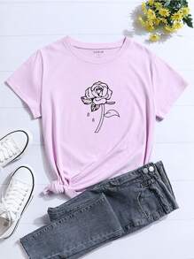 Camiseta con estampado de rosa de manga corta - Lila Púrpura - Ver 1