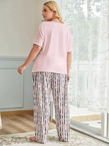 Conjunto de pijama de rayas con dibujos animados - Multicolor - Ver 2