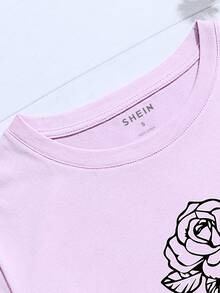 Camiseta con estampado de rosa de manga corta - Lila Púrpura - Ver 3