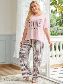 Conjunto de pijama de rayas con dibujos animados - Multicolor - Ver 3