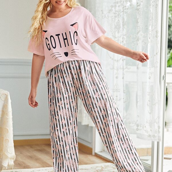 

Plus Cartoon And Striped PJ Set, Multicolor