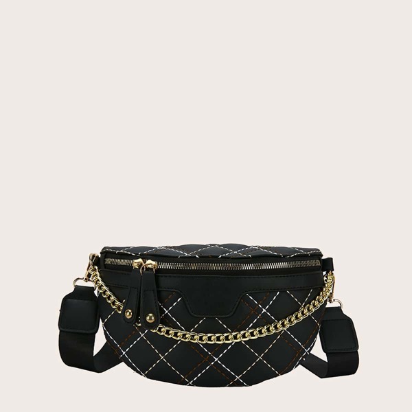 

Chain Decor Quilted Fanny Pack, Black