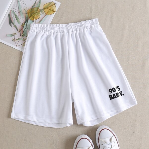 

Letter Elastic Waist Track Shorts, White