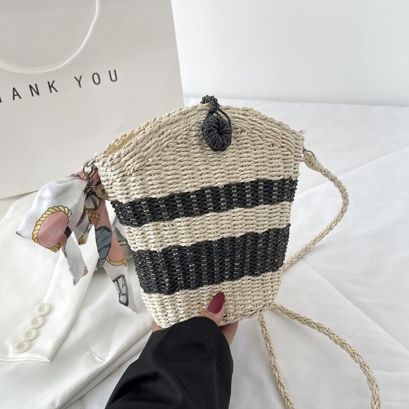 

Twilly Scarf Decor Woven Bucket Bag, Beige