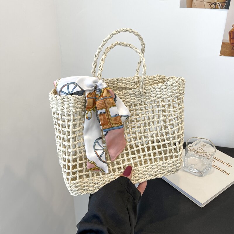 

Twilly Scarf Decor Woven Tote Bag, Beige