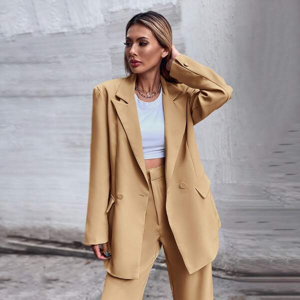 

Double Button Lapel Collar Blazer, Khaki
