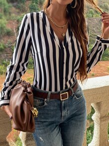 SHEIN LUNE Áo sơ mi in sọc cài nút phía trước, áo dài tay - Đen và trắng - Xem 3