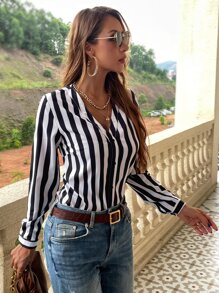 SHEIN LUNE Áo sơ mi in sọc cài nút phía trước, áo dài tay - Đen và trắng - Xem 5