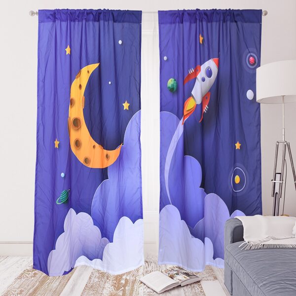 

2pieces Rocket Print Kids Curtain, Multicolor