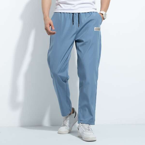 

Men Patched Detail Drawstring Waist Slant Pockets Pants, Dusty blue