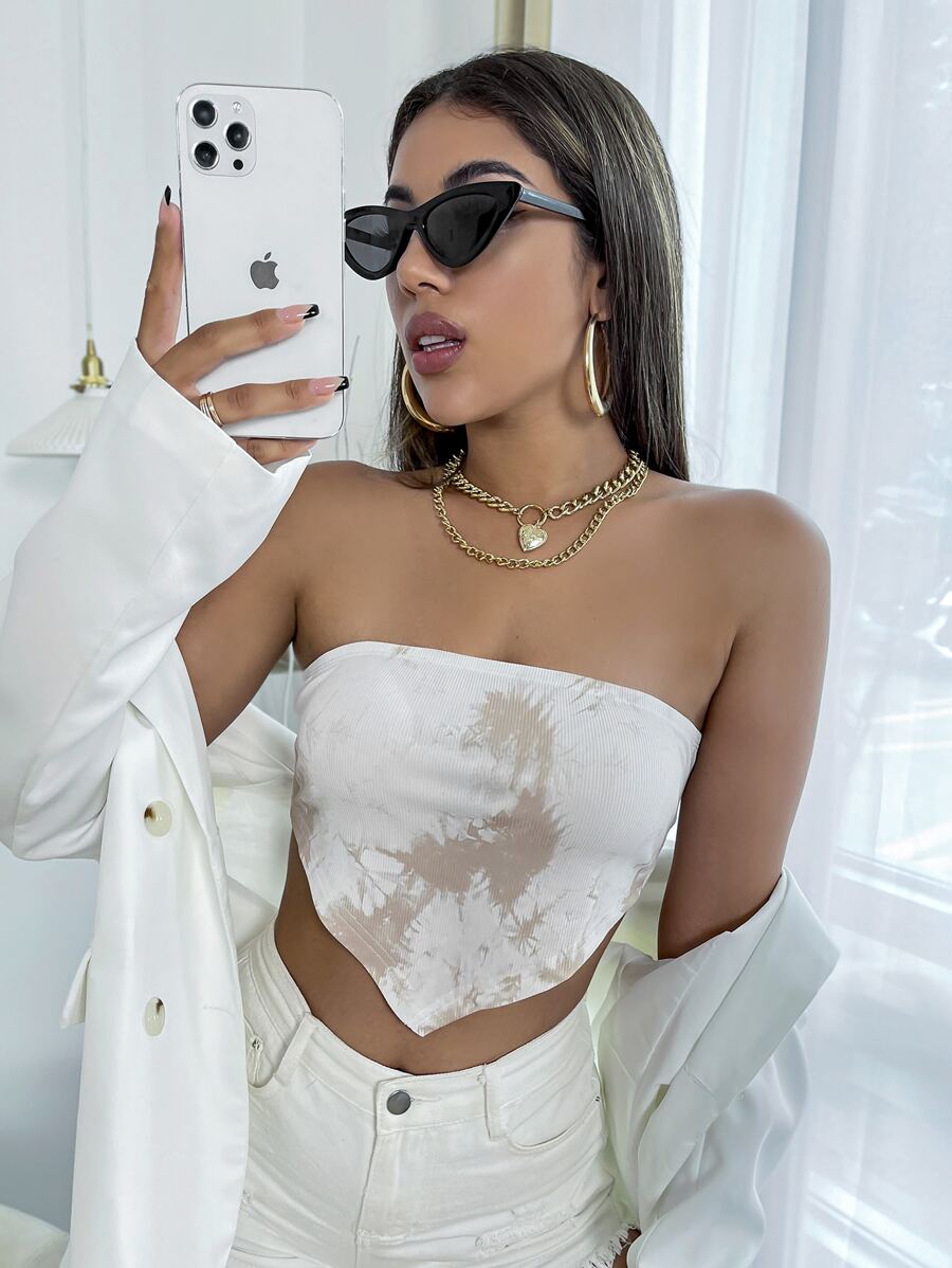 SHEIN Allurite 紮染手帕下擺結飾露背抹胸上衣 - 彩色 - 查看 1