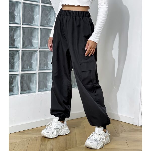 

Flap Pocket High Waist Pants, Black