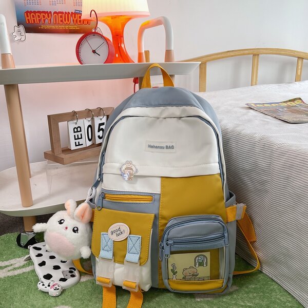 

Colorblock Functional Backpack With Bag Charm, Baby blue