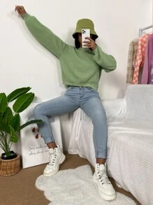 SHEIN Unity Solid Drop Shoulder Knitted Jumper - Green - View 6