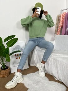 SHEIN Unity Solid Drop Shoulder Knitted Jumper - Green - View 5