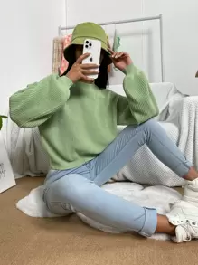 SHEIN Unity Solid Drop Shoulder Knitted Jumper - Green - View 1