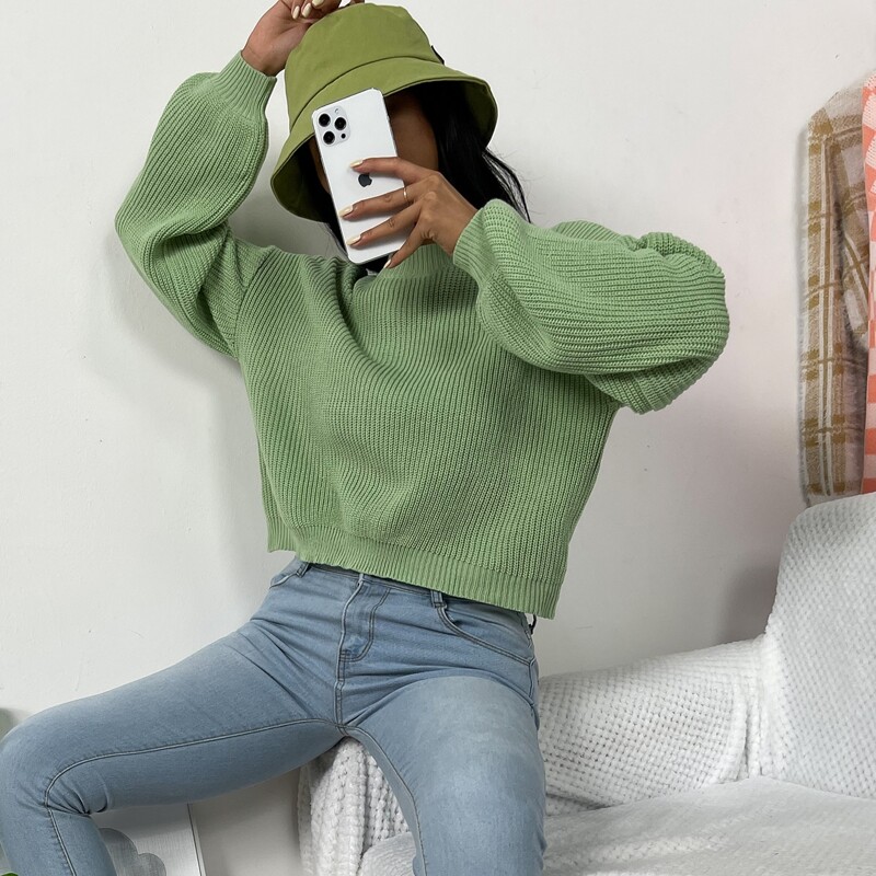 

Solid Drop Shoulder Knitted Sweater, Green
