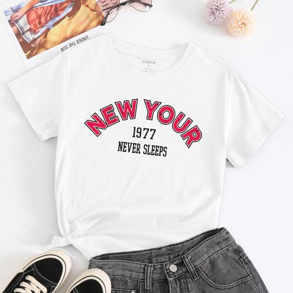 

Футболка с текстовым принтом с круглым воротником, Белый