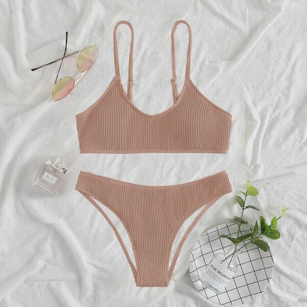 

Plain Textured Bikini Swimsuit, Mocha brown