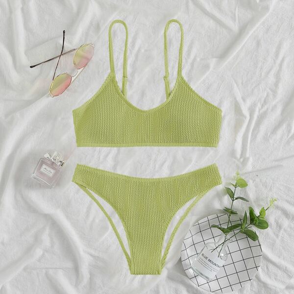 

Plain Textured Bikini Swimsuit, Olive green