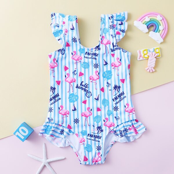 

Toddler Girls Flamingo & Tropical Ruffle Hem One Piece Swimsuit, Multicolor