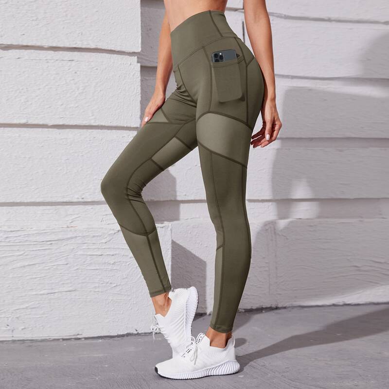 

Contrast Mesh Sports Leggings With Phone Pocket, Army green