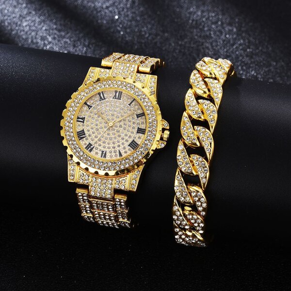 

1pc Rhinestone Decor Round Pointer Watch & 1pc Bracelet