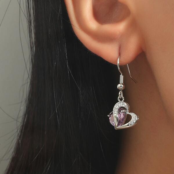 

Zircon Decor Heart Drop Earrings, Purple